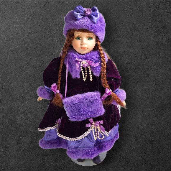 Haunted Porcelain Doll Samantha Victorian Purple Dress Muff Paranormal Energy - Picture 2 of 5